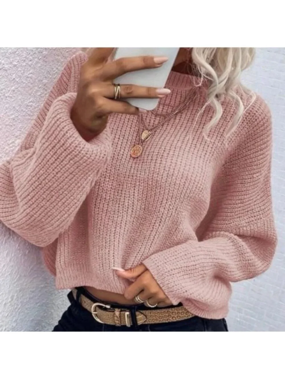 SHEIN Pink Chunky Knit Cropped Sweater Balloon Sleeve Women’s Small